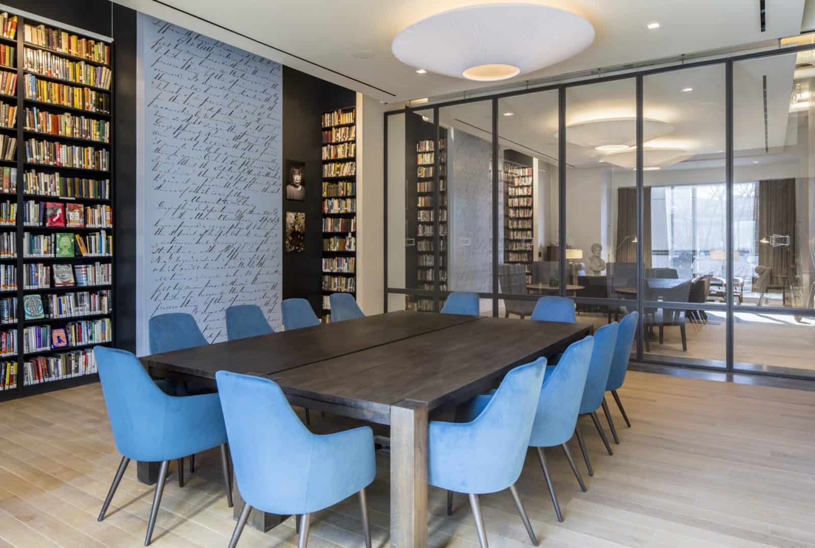 Reading Room blue chairs and glass partition